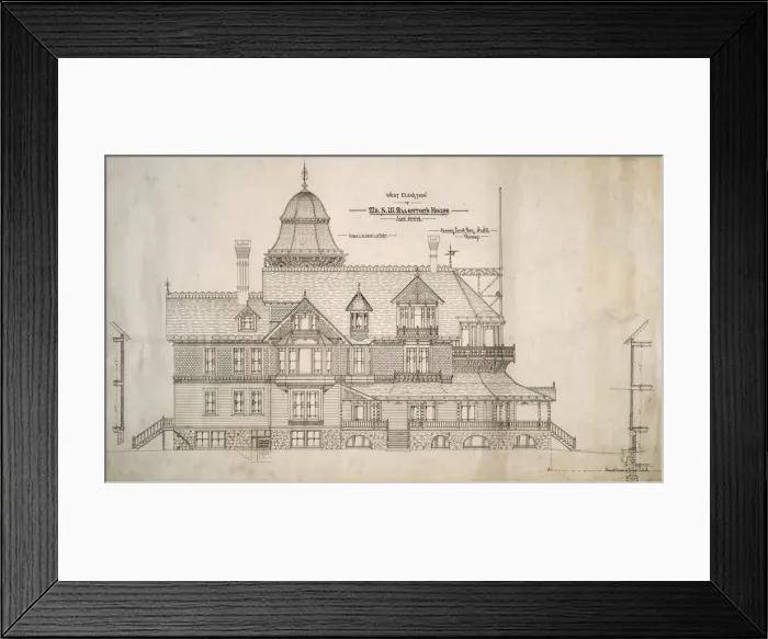 Framed Print : House for Mr. S. W. Allerton, Lake Geneva, Wisconsin: West Elevation, c. 1884 Framed Print : House for Mr. S. W. Allerton, Lake Geneva, Wisconsin: West Elevation, c. 1884