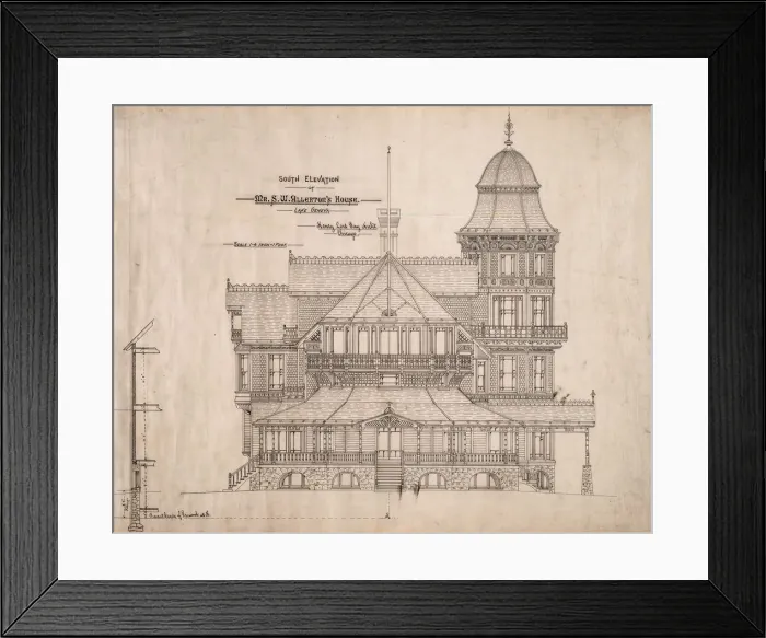 Framed Print : House for Mr. S. W. Allerton, Lake Geneva, Wisconsin: South Elevation, c. 1884 Framed Print : House for Mr. S. W. Allerton, Lake Geneva, Wisconsin: South Elevation, c. 1884