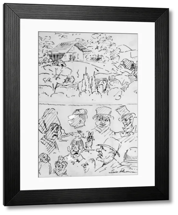 Framed Print : Landscape with Building (top) and Caricature Head Studies (bottom), 1874 Framed Print : Landscape with Building (top) and Caricature Head Studies (bottom), 1874
