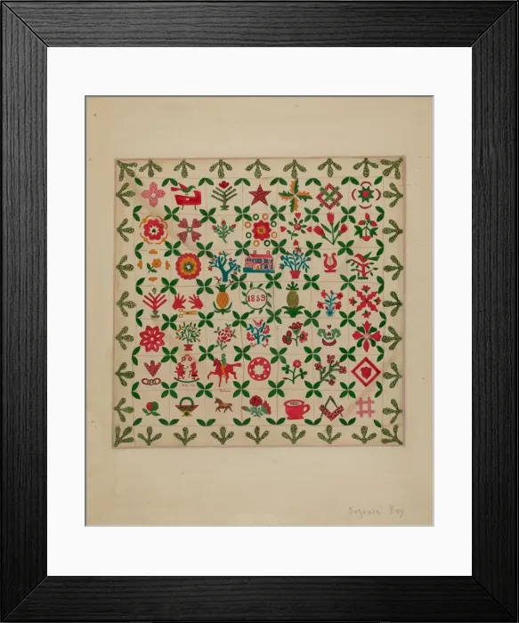 Framed Print : Applique Quilt, 1938. Creator: Suzanne Roy Framed Print : Applique Quilt, 1938. Creator: Suzanne Roy