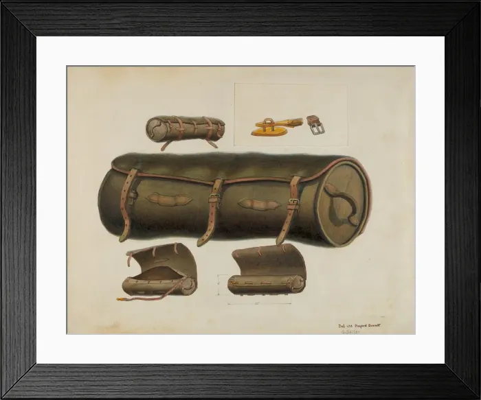 Framed Print : Rolled Leather Knapsack, c. 1937. Creators: Gordon Saltar, B. Berndt Framed Print : Rolled Leather Knapsack, c. 1937. Creators: Gordon Saltar, B. Berndt