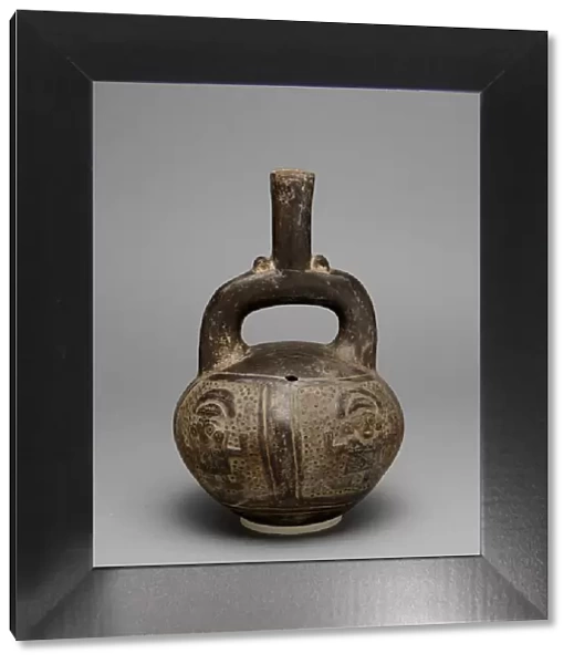 Blackware Stirrup Spout Vessel with a Relief Depicting Warriors with Raised Arms, A. D