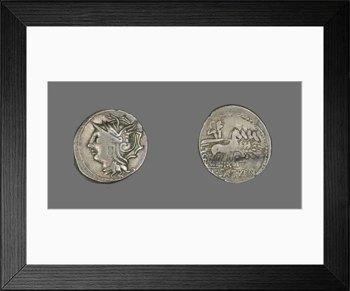 Framed Print : Denarius (Coin) Depicting the Goddess Roma, 104 BCE. Creator: Unknown Framed Print : Denarius (Coin) Depicting the Goddess Roma, 104 BCE. Creator: Unknown