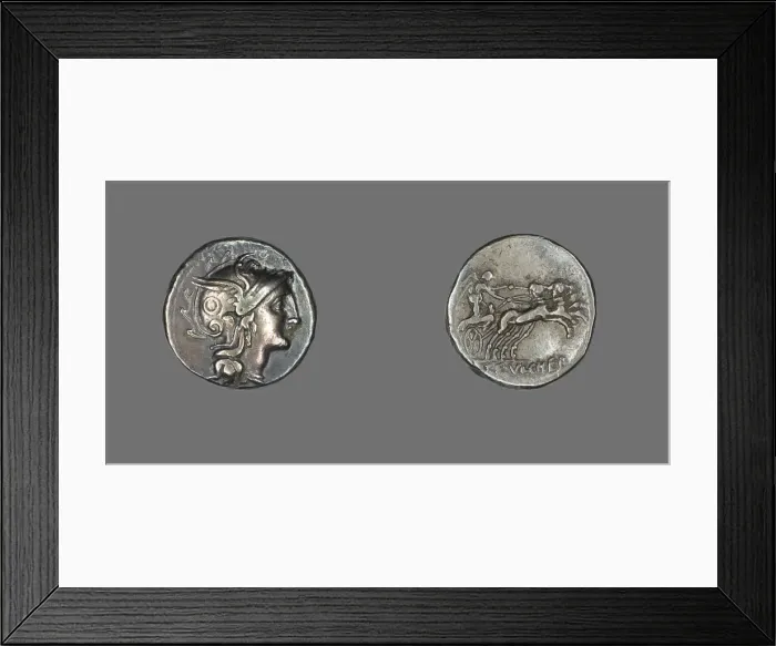 Framed Print : Denarius (Coin) Depicting the Goddess Roma, 110-109 BCE. Creator: Unknown Framed Print : Denarius (Coin) Depicting the Goddess Roma, 110-109 BCE. Creator: Unknown