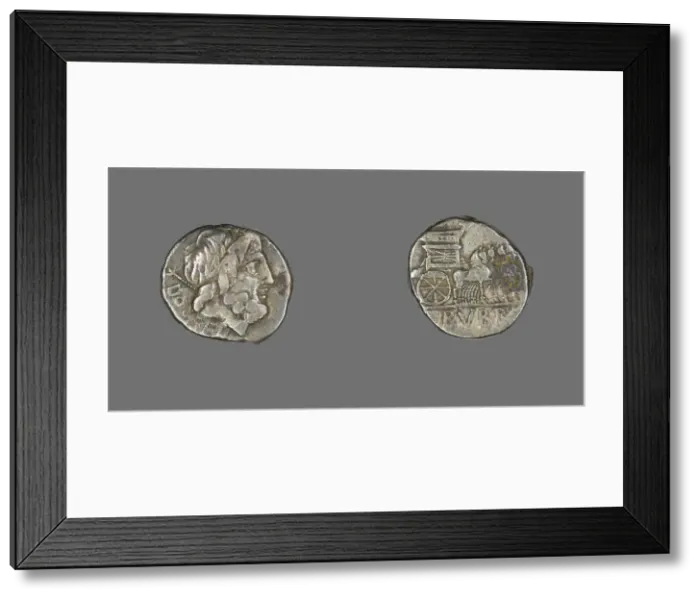Framed Print : Denarius (Coin) Depicting the God Jupiter, about 87 BCE. Creator: Unknown Framed Print : Denarius (Coin) Depicting the God Jupiter, about 87 BCE. Creator: Unknown