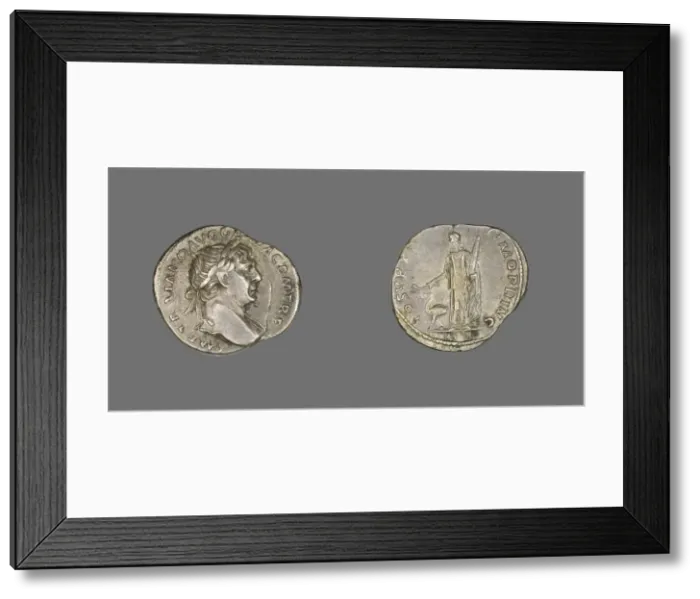 Framed Print : Denarius (Coin) Portraying Emperor Trajan, 98-117. Creator: Unknown Framed Print : Denarius (Coin) Portraying Emperor Trajan, 98-117. Creator: Unknown