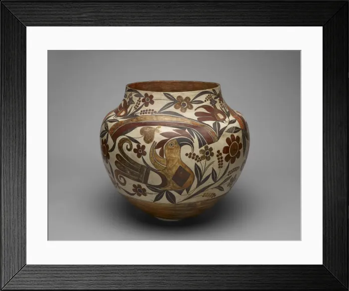 Framed Print : Polychrome Jar with Rainbow, Macaw, and Floral Motifs, 1880s. Creator: Unknown Framed Print : Polychrome Jar with Rainbow, Macaw, and Floral Motifs, 1880s. Creator: Unknown