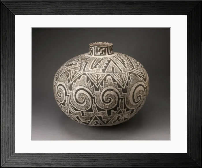 Framed Print : Storage Jar (Olla) with Black, White, and Hathed Linked Scrolls, Triangles, and Stepped
