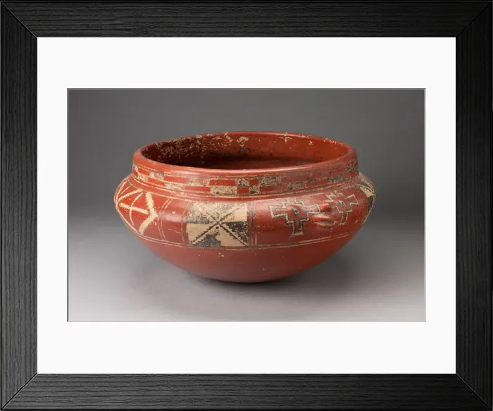 Framed Print : Polychrome Bowl with Geometric Designs and Face in Relief on Shoulder, c. 400 B. C Framed Print : Polychrome Bowl with Geometric Designs and Face in Relief on Shoulder, c. 400 B. C