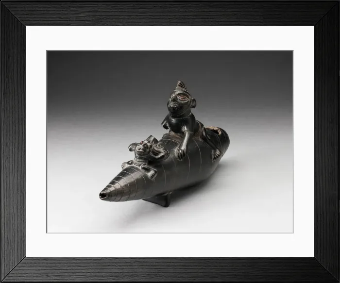 Framed Print : Blackware Vessel in the Form of Two Figures Seated on Reed Boat, Parts Missing, A. D Framed Print : Blackware Vessel in the Form of Two Figures Seated on Reed Boat, Parts Missing, A. D