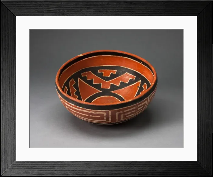 Framed Print : Polychrome Bowl with Geometric Star Motif on Interior and Interloking Scroll on Exterio Framed Print : Polychrome Bowl with Geometric Star Motif on Interior and Interloking Scroll on Exterio