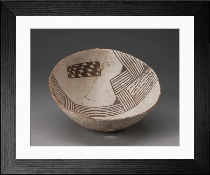 Framed Print : Bowl with Bold, Irregular Geometric Bands of Stripes, Zigzag, and Checkerboard Motifs, A Framed Print : Bowl with Bold, Irregular Geometric Bands of Stripes, Zigzag, and Checkerboard Motifs, A