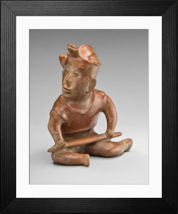 Framed Print : Seated Warrior Figure with Turtle Headdress, Holding a Staff, 100 B. C.  /  A. D. 250
