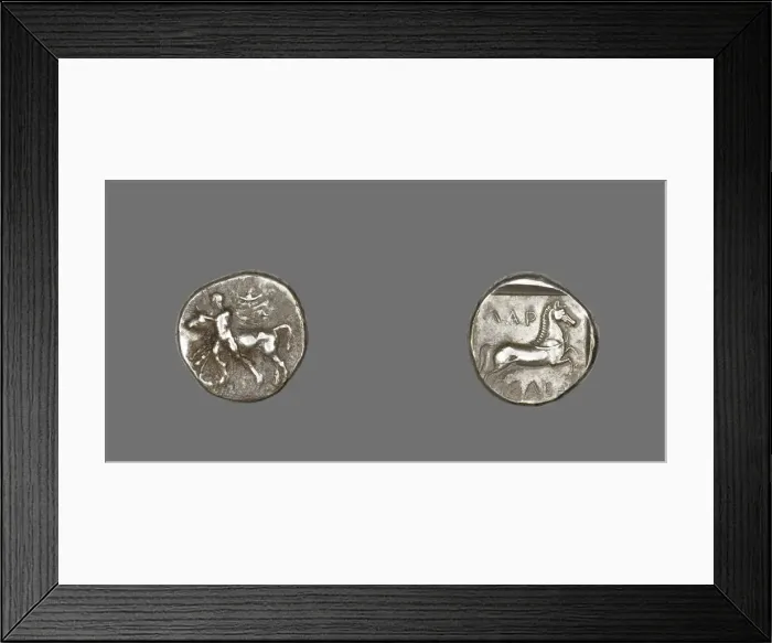 Framed Print : Drachm (Coin) Depicting Thessalos Holding a Bull, 435-400 BCE. Creator: Unknown