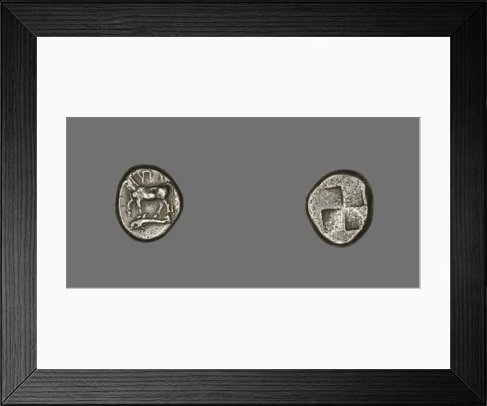 Framed Print : Drachm (Coin) Depicting a Cow with Dolphin below, about 416-357 BCE. Creator: Unknown Framed Print : Drachm (Coin) Depicting a Cow with Dolphin below, about 416-357 BCE. Creator: Unknown