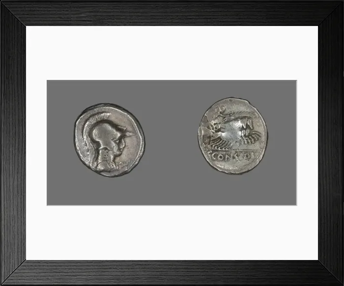 Framed Print : Denarius (Coin) Depicting the Goddess Minerva, about 46 BCE. Creator: Unknown Framed Print : Denarius (Coin) Depicting the Goddess Minerva, about 46 BCE. Creator: Unknown
