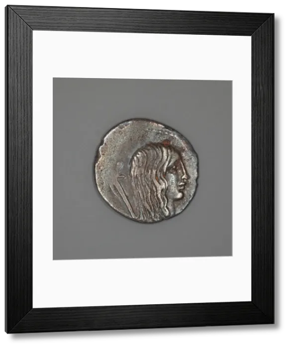 Framed Print : Denarius (Coin) Depicting a Female Head, about 48 BCE. Creator: Unknown Framed Print : Denarius (Coin) Depicting a Female Head, about 48 BCE. Creator: Unknown