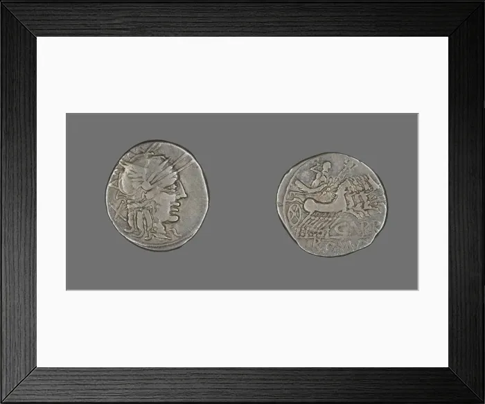 Framed Print : Denarius (Coin) Depicting the Goddess Roma, 121 BCE. Creator: Unknown Framed Print : Denarius (Coin) Depicting the Goddess Roma, 121 BCE. Creator: Unknown