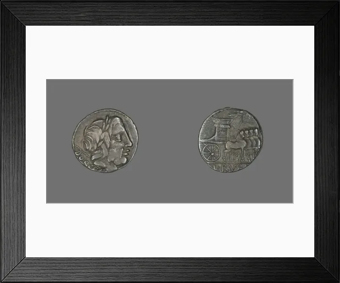 Framed Print : Denarius (Coin) Depicting the God Jupiter, about 87 BCE. Creator: Unknown Framed Print : Denarius (Coin) Depicting the God Jupiter, about 87 BCE. Creator: Unknown