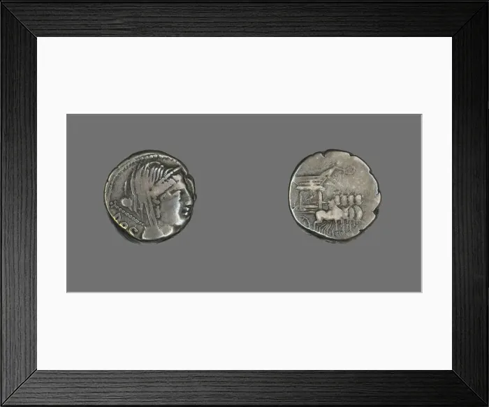 Framed Print : Denarius (Coin) Depicting the Goddess Juno, about 87 or 83 BCE. Creator: Unknown Framed Print : Denarius (Coin) Depicting the Goddess Juno, about 87 or 83 BCE. Creator: Unknown