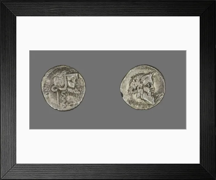 Framed Print : Denarius (Coin) Depicting the Satyr Silenus, 90 BCE. Creator: Unknown Framed Print : Denarius (Coin) Depicting the Satyr Silenus, 90 BCE. Creator: Unknown