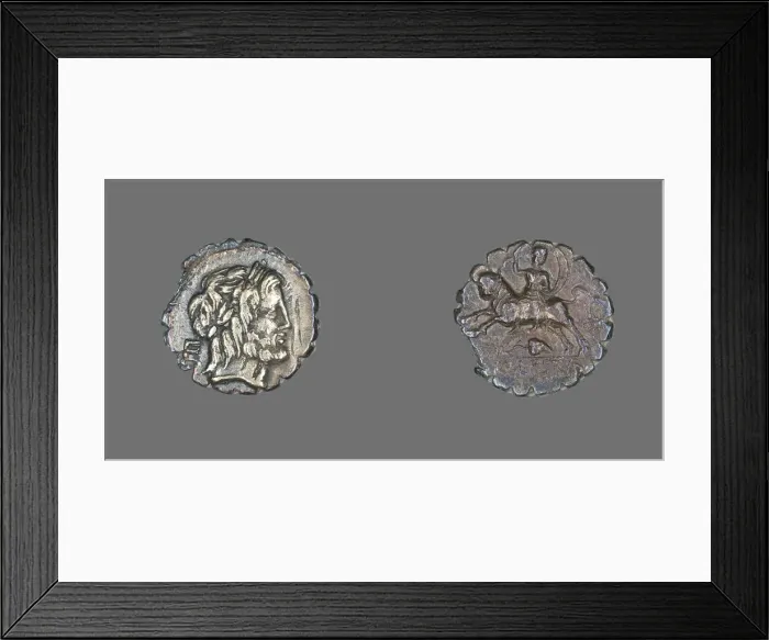 Framed Print : Denarius Serratus (Coin) Depicting the God Jupiter, about 81 BCE. Creator: Unknown Framed Print : Denarius Serratus (Coin) Depicting the God Jupiter, about 81 BCE. Creator: Unknown