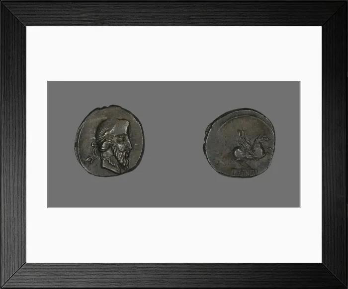 Framed Print : Denarius (Coin) Depicting a Bearded Man, about 90 BCE. Creator: Unknown Framed Print : Denarius (Coin) Depicting a Bearded Man, about 90 BCE. Creator: Unknown