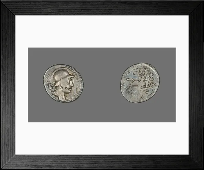 Framed Print : Denarius (Coin) Depicting the God Mars, 55 BCE. Creator: Unknown Framed Print : Denarius (Coin) Depicting the God Mars, 55 BCE. Creator: Unknown
