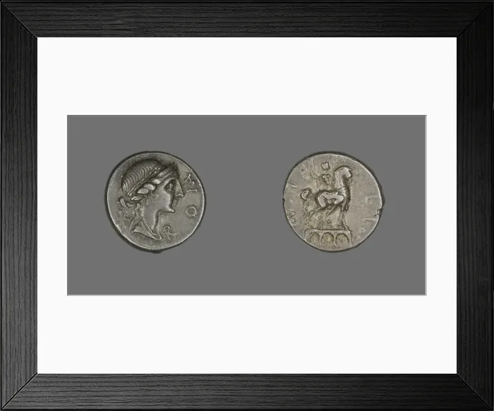Framed Print : Denarius (Coin) Depicting the Goddess Roma, 114-113 BCE. Creator: Unknown Framed Print : Denarius (Coin) Depicting the Goddess Roma, 114-113 BCE. Creator: Unknown