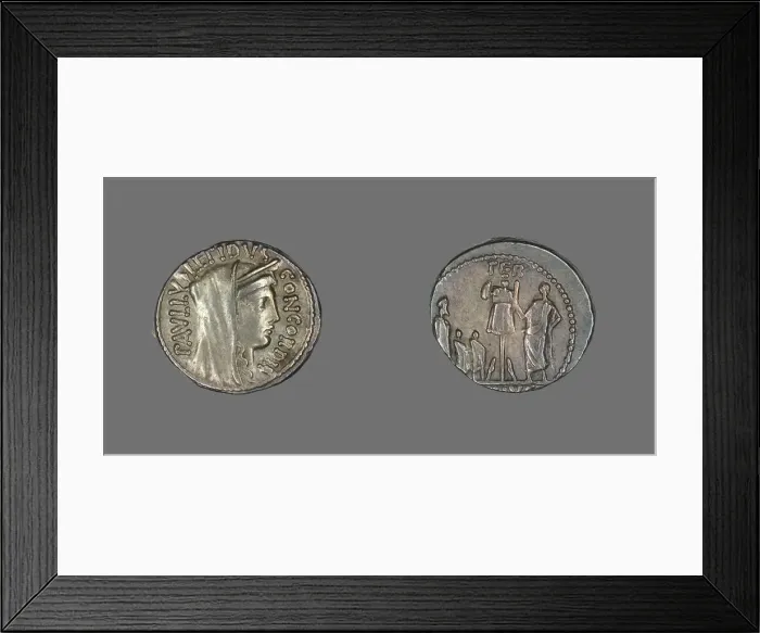 Framed Print : Denarius (Coin) Depicting the Goddess Concordia, about 62 BCE. Creator: Unknown Framed Print : Denarius (Coin) Depicting the Goddess Concordia, about 62 BCE. Creator: Unknown
