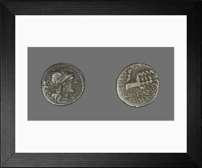 Framed Print : Denarius (Coin) Depicting the Goddess Roma, about 136 BCE. Creator: Unknown Framed Print : Denarius (Coin) Depicting the Goddess Roma, about 136 BCE. Creator: Unknown
