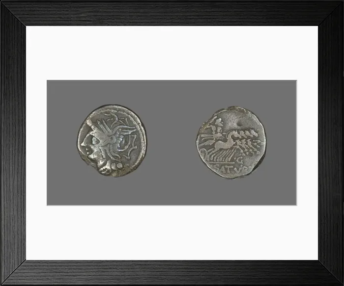 Framed Print : Denarius (Coin) Depicting the Goddess Roma, 104 BCE. Creator: Unknown Framed Print : Denarius (Coin) Depicting the Goddess Roma, 104 BCE. Creator: Unknown