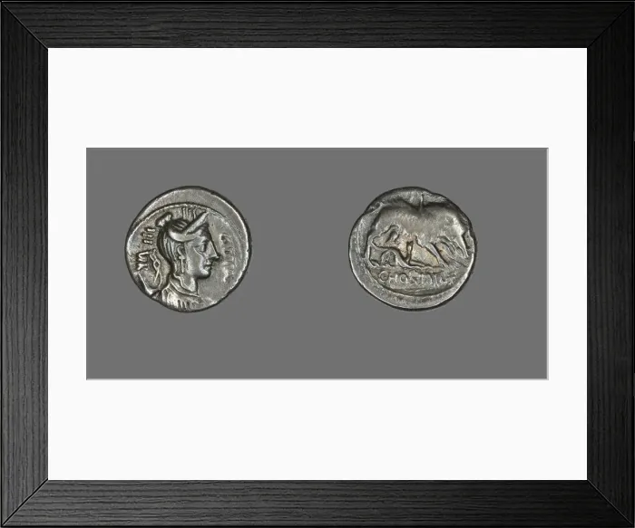 Framed Print : Denarius (Coin) Depicting the Goddess Diana, about 68 BCE. Creator: Unknown Framed Print : Denarius (Coin) Depicting the Goddess Diana, about 68 BCE. Creator: Unknown
