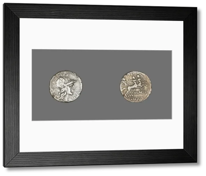 Framed Print : Denarius (Coin) Depicting the Goddess Roma, 139 BCE, issued by the Aurelia family Framed Print : Denarius (Coin) Depicting the Goddess Roma, 139 BCE, issued by the Aurelia family