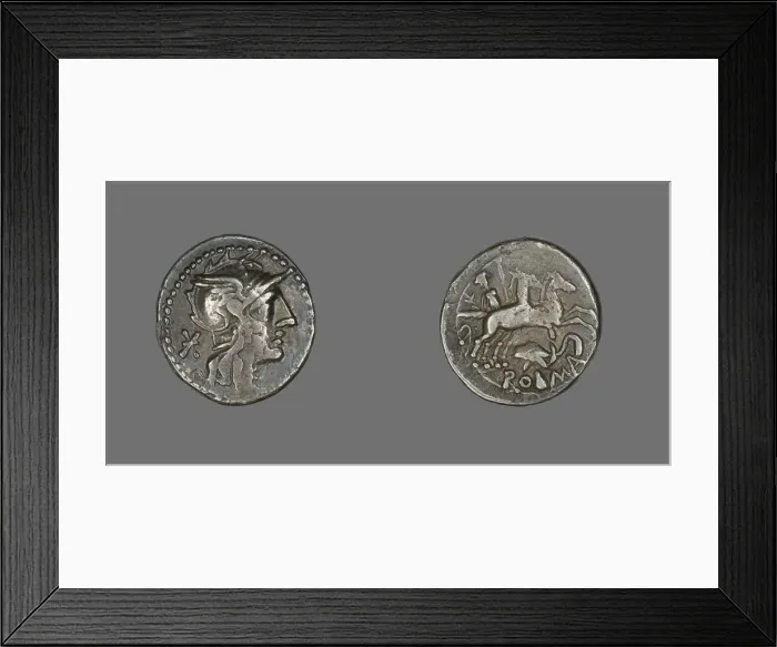 Framed Print : Denarius (Coin) Depicting the Goddess Roma, about 99 BCE. Creator: Unknown Framed Print : Denarius (Coin) Depicting the Goddess Roma, about 99 BCE. Creator: Unknown