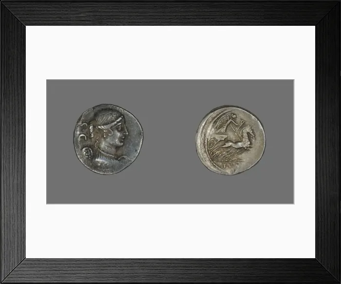 Framed Print : Denarius (Coin) Depicting the Goddess Victory, about 46 BCE. Creator: Unknown Framed Print : Denarius (Coin) Depicting the Goddess Victory, about 46 BCE. Creator: Unknown