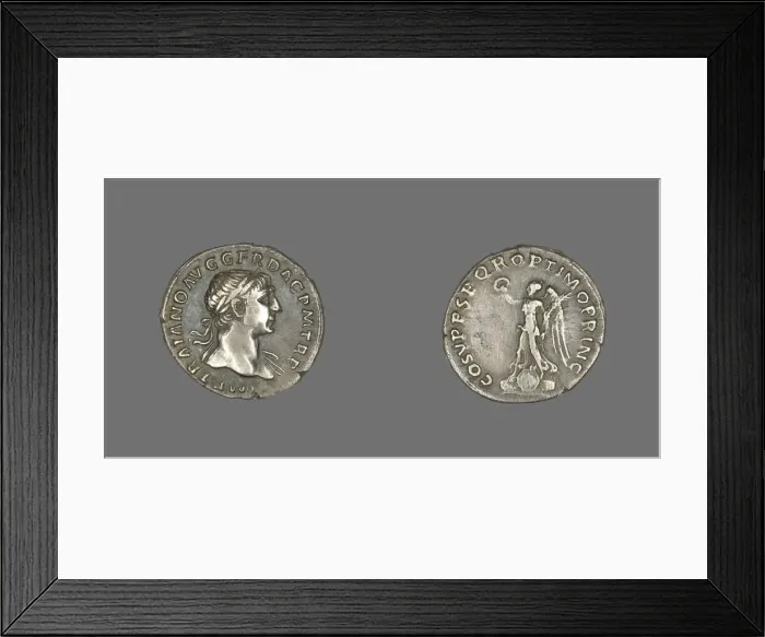 Framed Print : Denarius (Coin) Portraying Emperor Trajan, 103-111. Creator: Unknown Framed Print : Denarius (Coin) Portraying Emperor Trajan, 103-111. Creator: Unknown