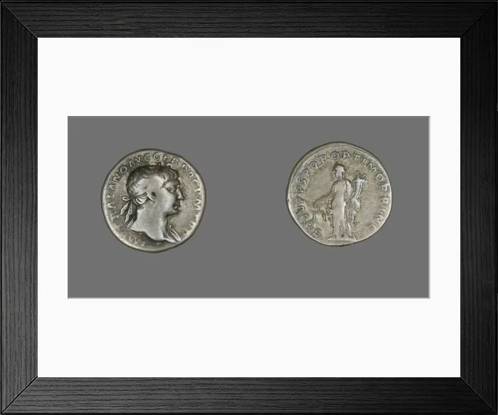 Framed Print : Denarius (Coin) Portraying Emperor Trajan, 103-111. Creator: Unknown Framed Print : Denarius (Coin) Portraying Emperor Trajan, 103-111. Creator: Unknown