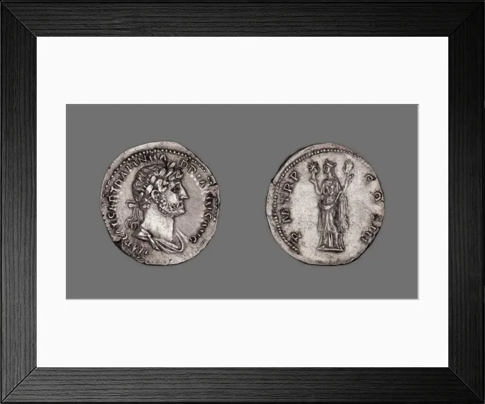 Framed Print : Denarius (Coin) Portraying Emperor Hadrian, 119-22, issued by Hadrian. Creator: Unknown Framed Print : Denarius (Coin) Portraying Emperor Hadrian, 119-22, issued by Hadrian. Creator: Unknown