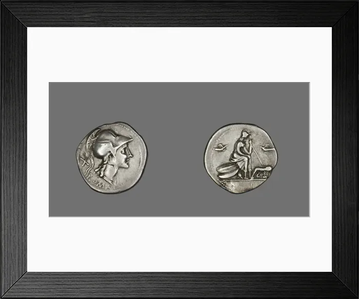 Framed Print : Denarius (Coin) Depicting the Goddess Roma, 115 or 114 BCE. Creator: Unknown Framed Print : Denarius (Coin) Depicting the Goddess Roma, 115 or 114 BCE. Creator: Unknown