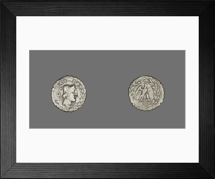 Framed Print : Denarius Serratus (Coin) Depicting the God Vulcan, 105 BCE. Creator: Unknown Framed Print : Denarius Serratus (Coin) Depicting the God Vulcan, 105 BCE. Creator: Unknown