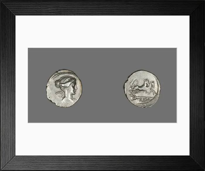 Framed Print : Denarius (Coin) Depicting the Goddess Victory, 46 BCE. Creator: Unknown Framed Print : Denarius (Coin) Depicting the Goddess Victory, 46 BCE. Creator: Unknown