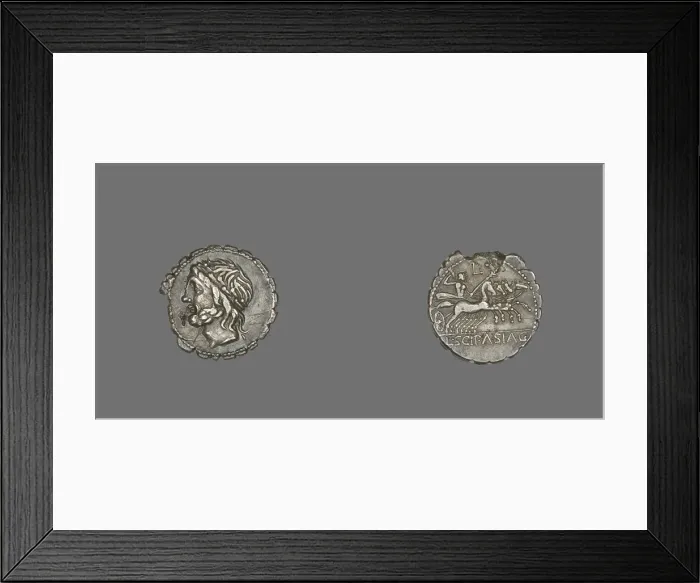 Framed Print : Denarius Serratus (Coin) Depicting the God Saturn, 106 BCE. Creator: Unknown