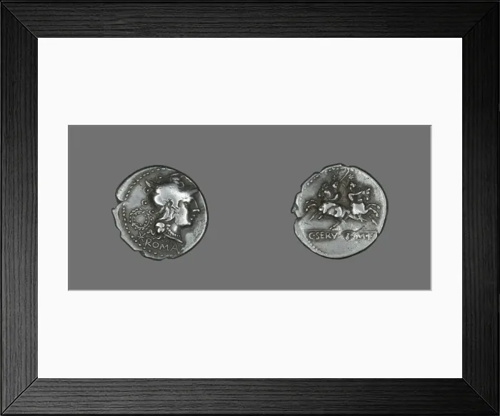 Framed Print : Denarius (Coin) Depicting the Goddess Roma, 136 BCE. Creator: Unknown Framed Print : Denarius (Coin) Depicting the Goddess Roma, 136 BCE. Creator: Unknown