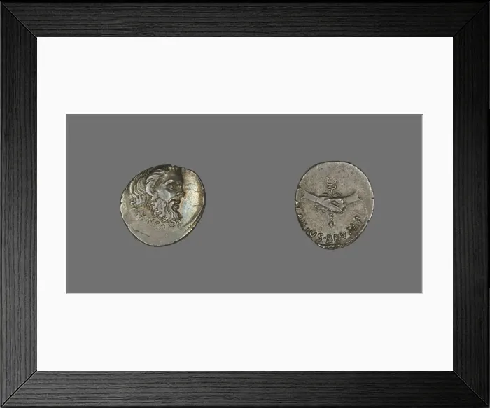 Framed Print : Denarius (Coin) Depicting the Mask of Pan, 48 BCE. Creator: Unknown Framed Print : Denarius (Coin) Depicting the Mask of Pan, 48 BCE. Creator: Unknown