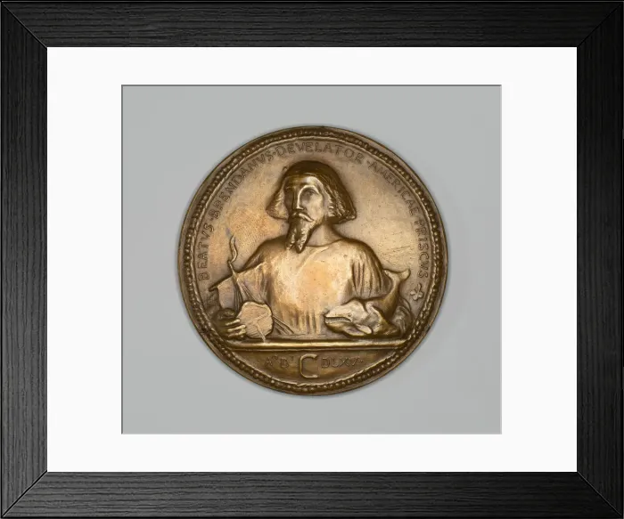 Framed Print : Medal commemorating Saint Brendan, Discoverer, c. 1869. Creator: J. K. Davison Framed Print : Medal commemorating Saint Brendan, Discoverer, c. 1869. Creator: J. K. Davison