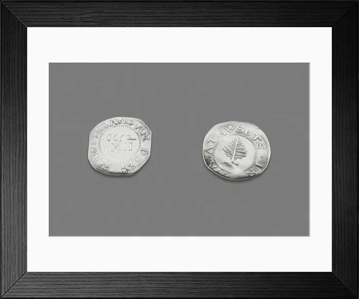 Framed Print : Pair of Pine Tree Shillings, 1663 / 82. Creators: John Hull, Robert Sanderson Framed Print : Pair of Pine Tree Shillings, 1663 / 82. Creators: John Hull, Robert Sanderson