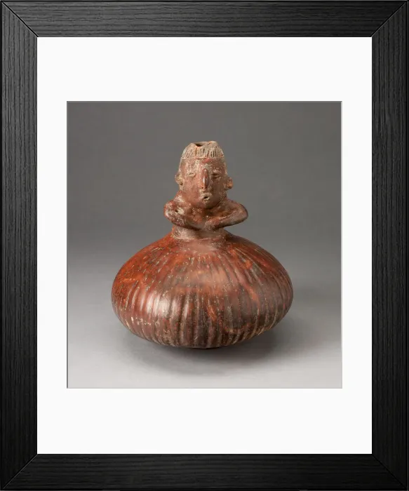 Framed Print : Small Fluted Bottle with Neck in Form of a Figure Holding Arms to Chest, c. A. D. 200
