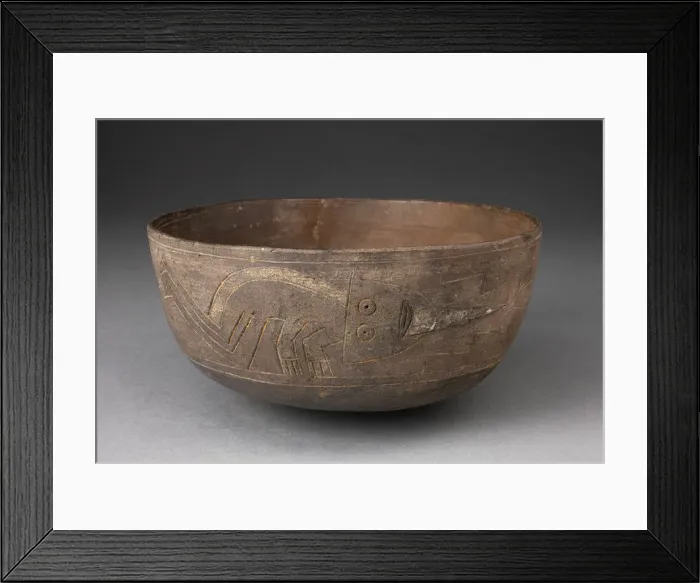 Framed Print : Bowl Depicting Incised and Painted Abstract Crouching Figure, 650 / 150 B. C Framed Print : Bowl Depicting Incised and Painted Abstract Crouching Figure, 650 / 150 B. C