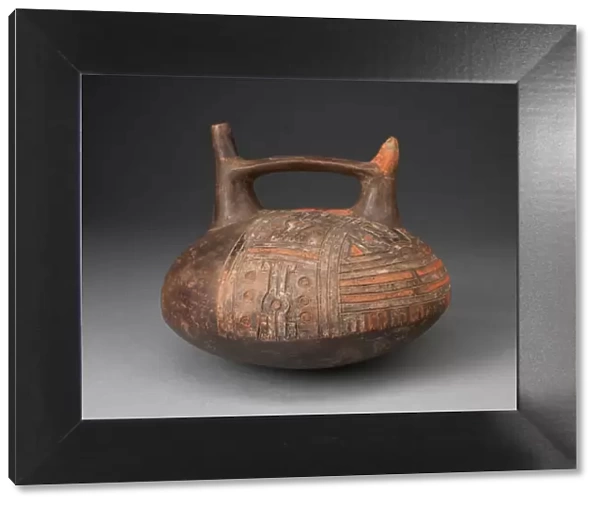Double Spout and Bridge Vessel Depicting Incised and Painted Abstract Feline Face